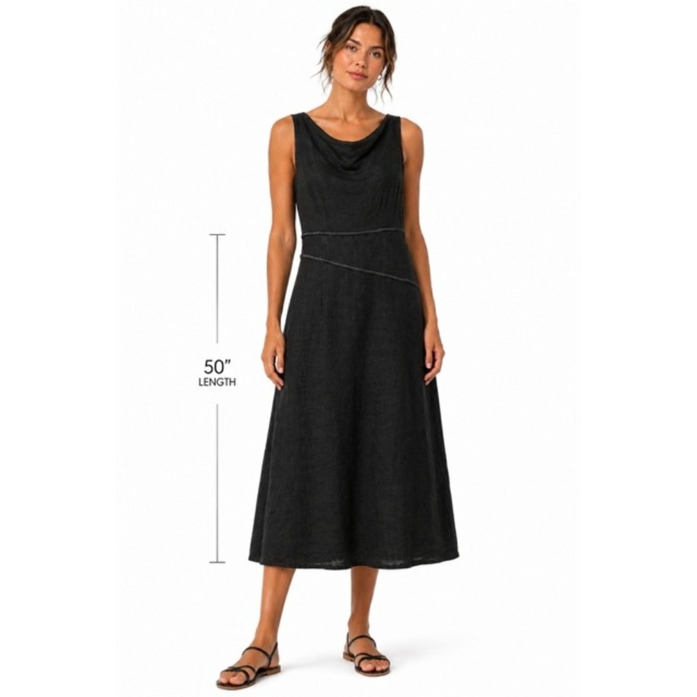 Vintage Black Sleeveless Linen Midi Dress Satin Trim 12 Quiet Luxury Minimalist